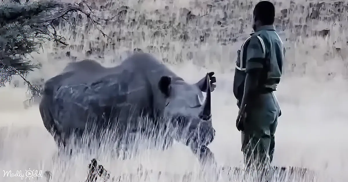 A rhinoceros stands in tall grass, facing a man in uniform, with a rocky background.