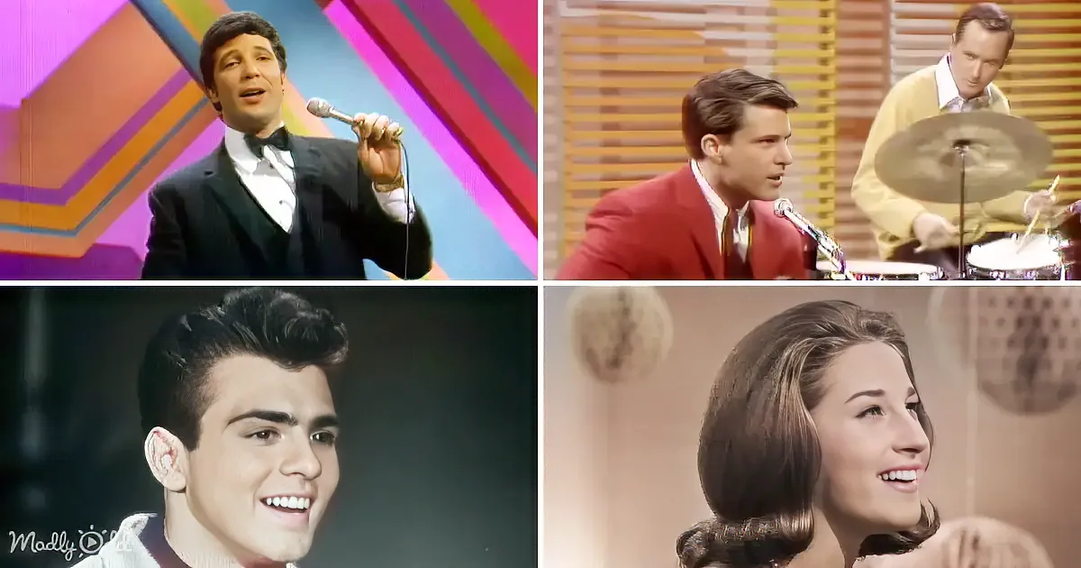 A man in a tuxedo sings into a microphone, surrounded by other musicians and performers in a colorful setting.