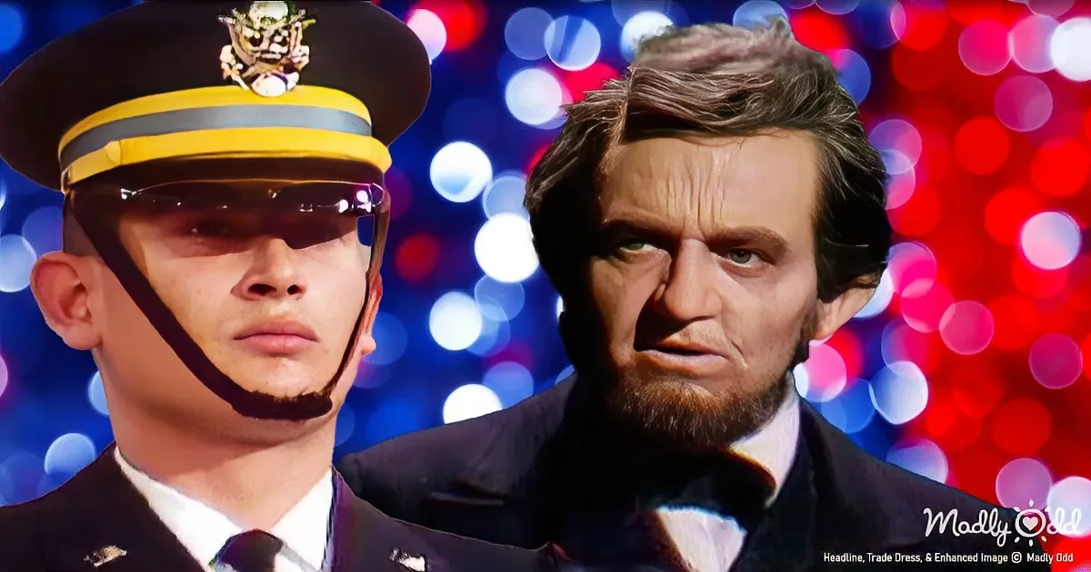 A man in a uniform and sunglasses stands next to a figure resembling Abraham Lincoln against a colorful bokeh background.