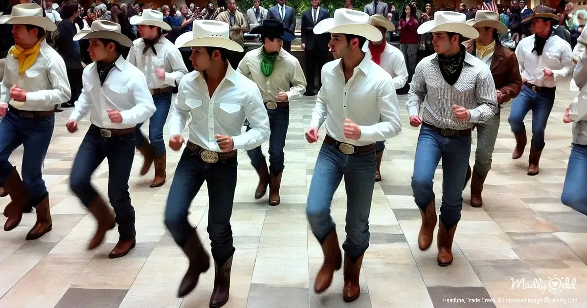 Men in cowboy attire dance in a line, showcasing traditional western style.