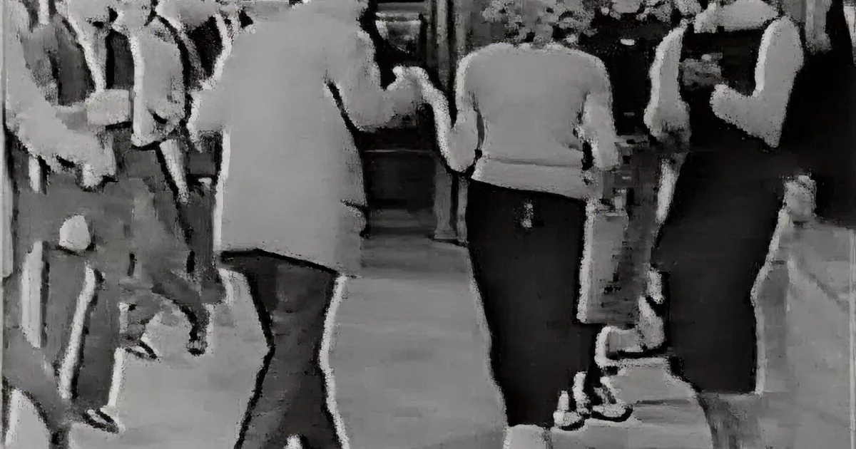 A man in a light coat and dark pants is dancing with a woman in a white sweater and dark pants.