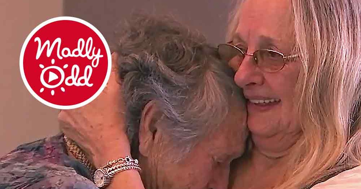 Two women embrace, one with gray hair, text below about a mother hearing her child's voice decades later.